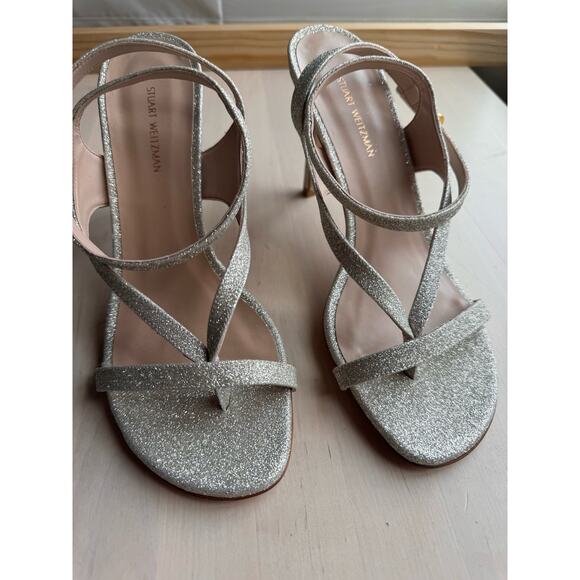 Stuart Weitzman Align 95 Glitter Party Sandal In Metallic gold size 7.5 - Picture 3 of 10